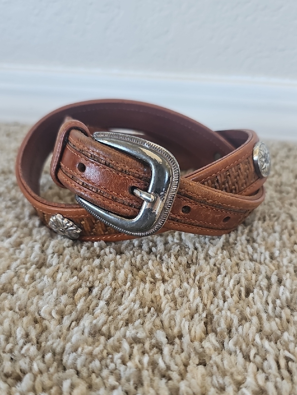 Fossil Brown Woven Leather Belt with Silver Details and Buckle